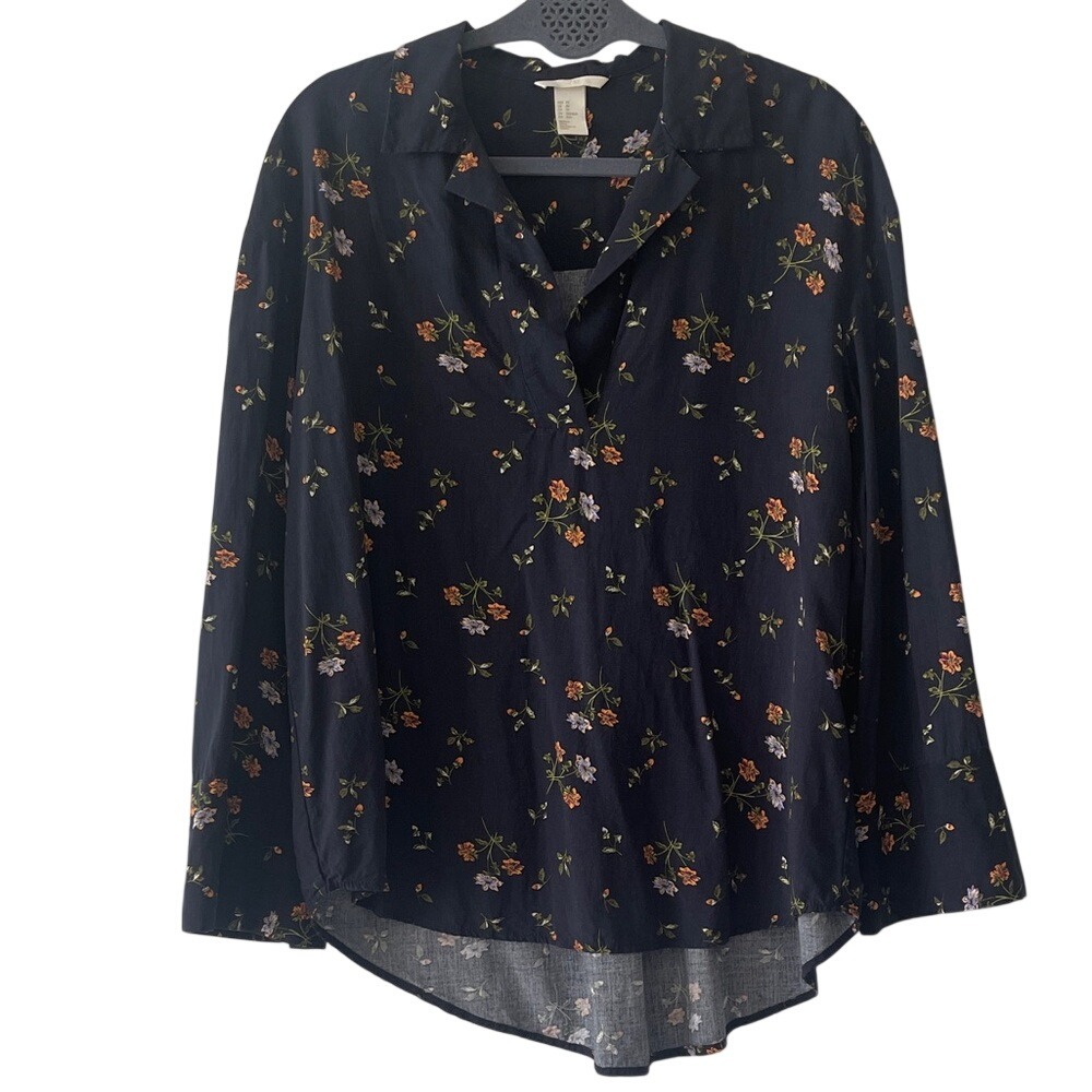 H&M Navy Floral V-Neck Long Sleeve Oversized‎ Blouse XS